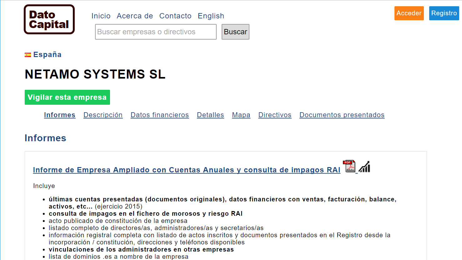 Página de perfil de empresa de Dato Capital