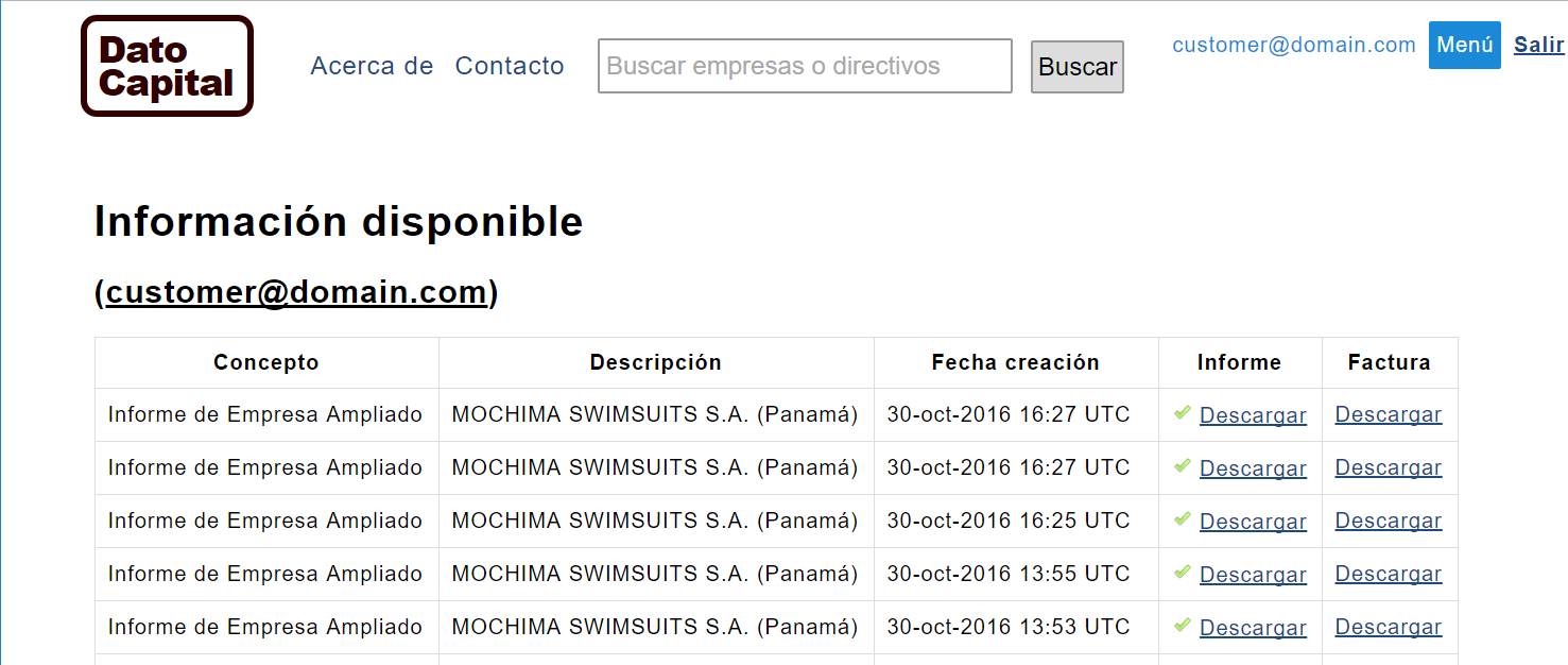 Página de resultados de Dato Capital